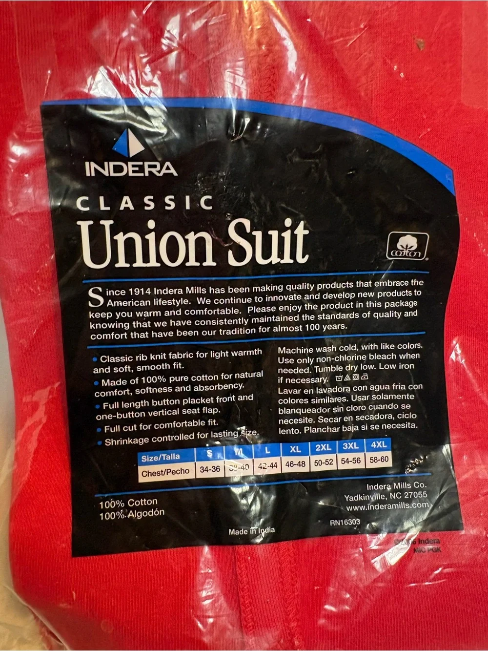Indera classic red rib-knit cotton union suit comfortable one-piece suit medium